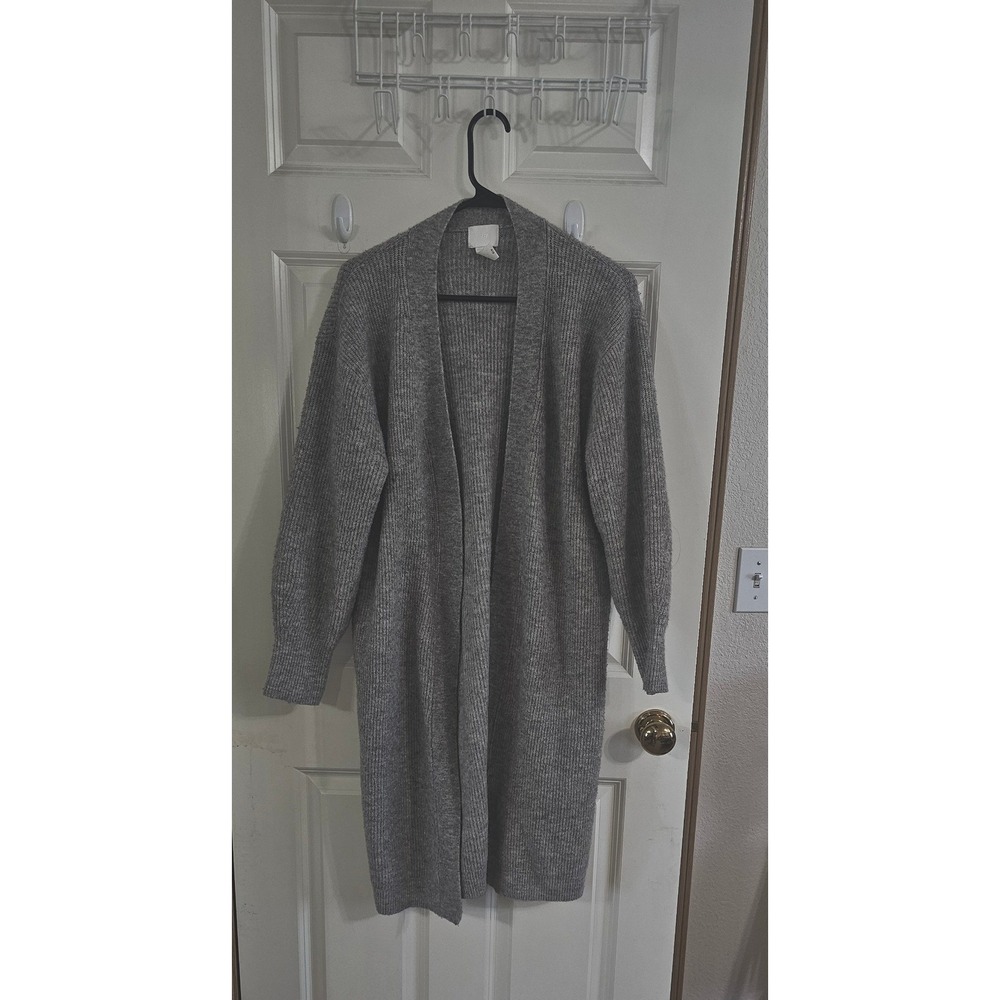 HM Womens Gray Ribbed Knit Longline Open Front Cardigan Sweater Size Medium